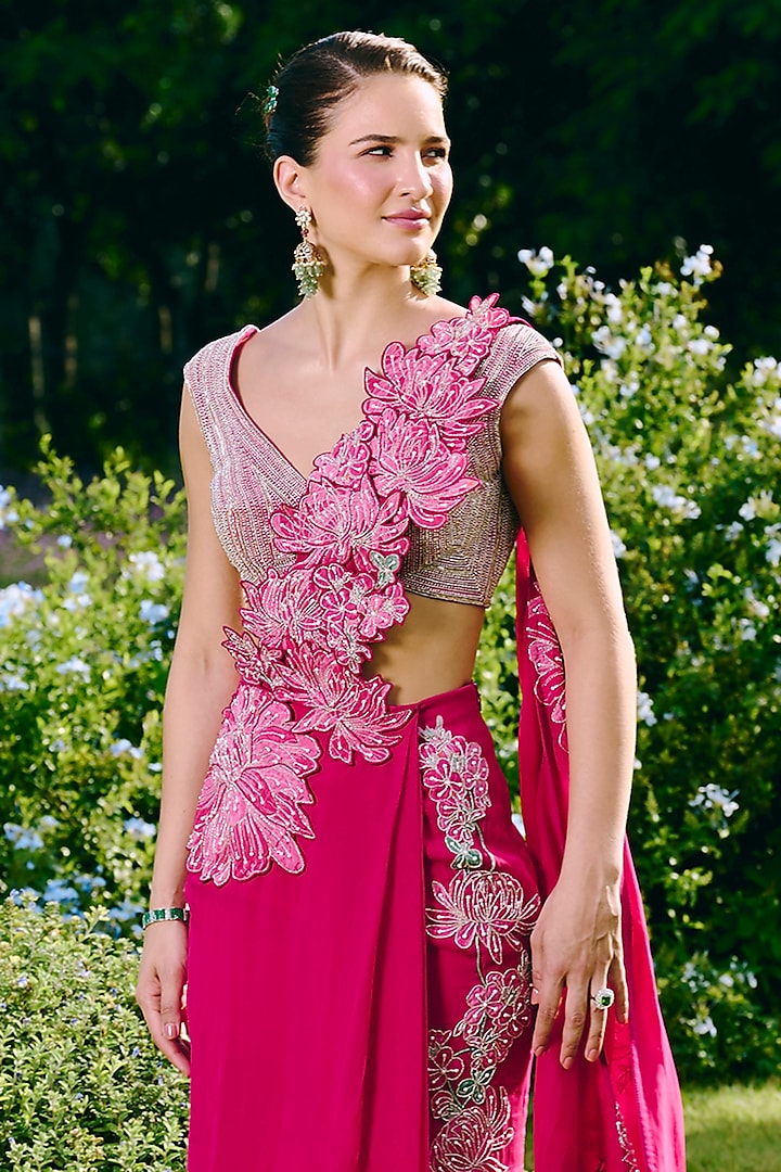 Fuchsia Organza & Silk Embroidered Draped Wedding Saree Set by Charu & Vasundhara at Pernia's Pop Up Shop