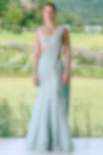 Aqua Blue Organza & Georgette Mirror Work Fish-Cut Wedding Saree Set by Charu & Vasundhara at Pernia's Pop Up Shop