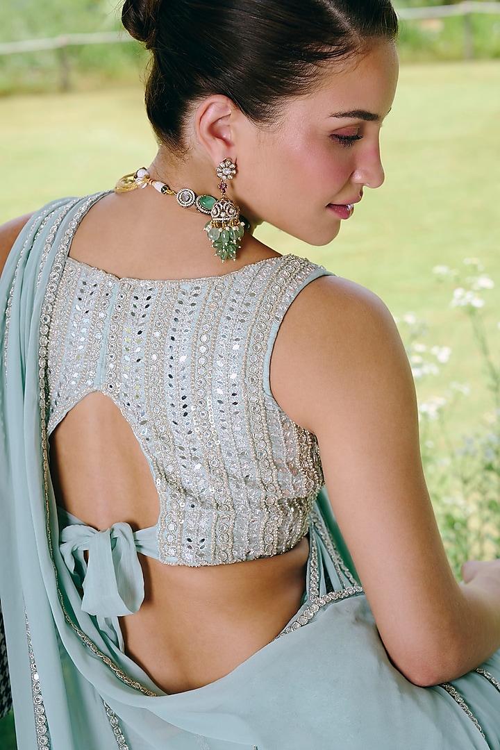 Aqua Blue Organza & Georgette Mirror Work Fish-Cut Wedding Saree Set by Charu & Vasundhara at Pernia's Pop Up Shop