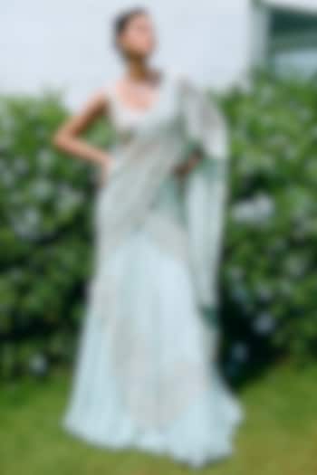 Aqua Blue Chiffon & Taffeta Cutwork Embroidered Draped Wedding Saree Set by Charu & Vasundhara at Pernia's Pop Up Shop