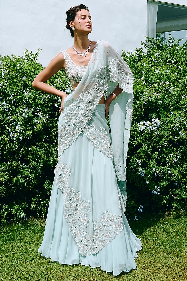 Aqua Blue Chiffon & Taffeta Cutwork Embroidered Draped Wedding Saree Set by Charu & Vasundhara at Pernia's Pop Up Shop