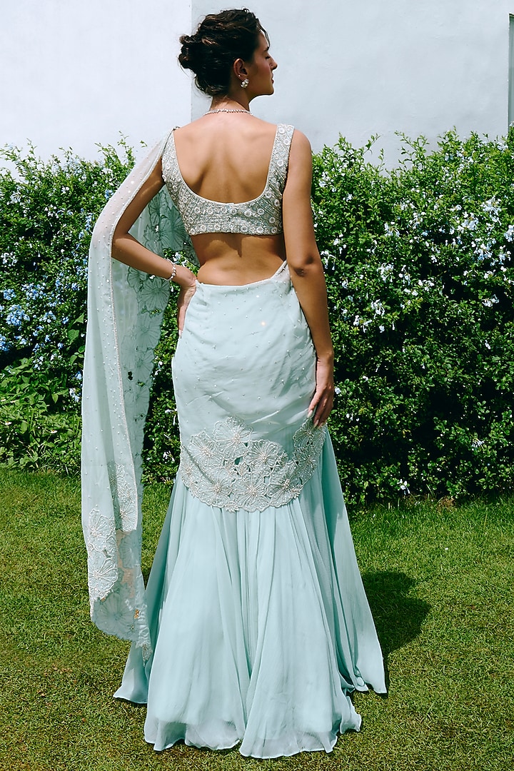 Aqua Blue Chiffon & Taffeta Cutwork Embroidered Draped Wedding Saree Set by Charu & Vasundhara at Pernia's Pop Up Shop