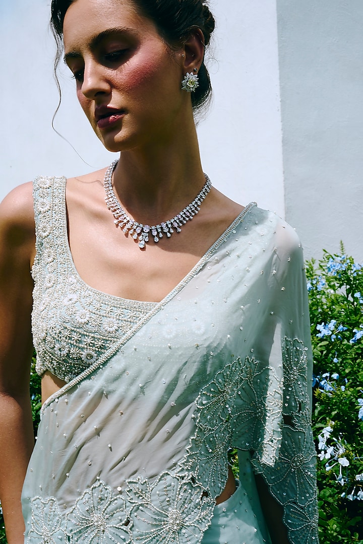 Aqua Blue Chiffon & Taffeta Cutwork Embroidered Draped Wedding Saree Set by Charu & Vasundhara at Pernia's Pop Up Shop