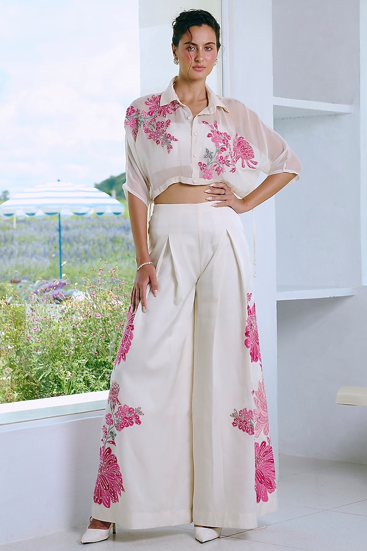 Ivory Organza Embroidered Co-Ord Set by Charu & Vasundhara at Pernia's Pop Up Shop