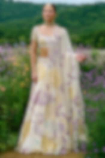 Ivory Organza Floral Printed & Embroidered Wedding Lehenga Set by Charu & Vasundhara at Pernia's Pop Up Shop