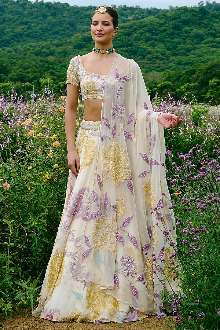 Ivory Organza Floral Printed & Embroidered Wedding Lehenga Set by Charu & Vasundhara at Pernia's Pop Up Shop
