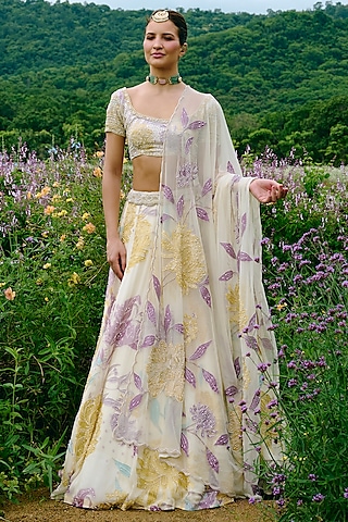 Ivory Organza Floral Printed & Embroidered Lehenga Set by Charu & Vasundhara