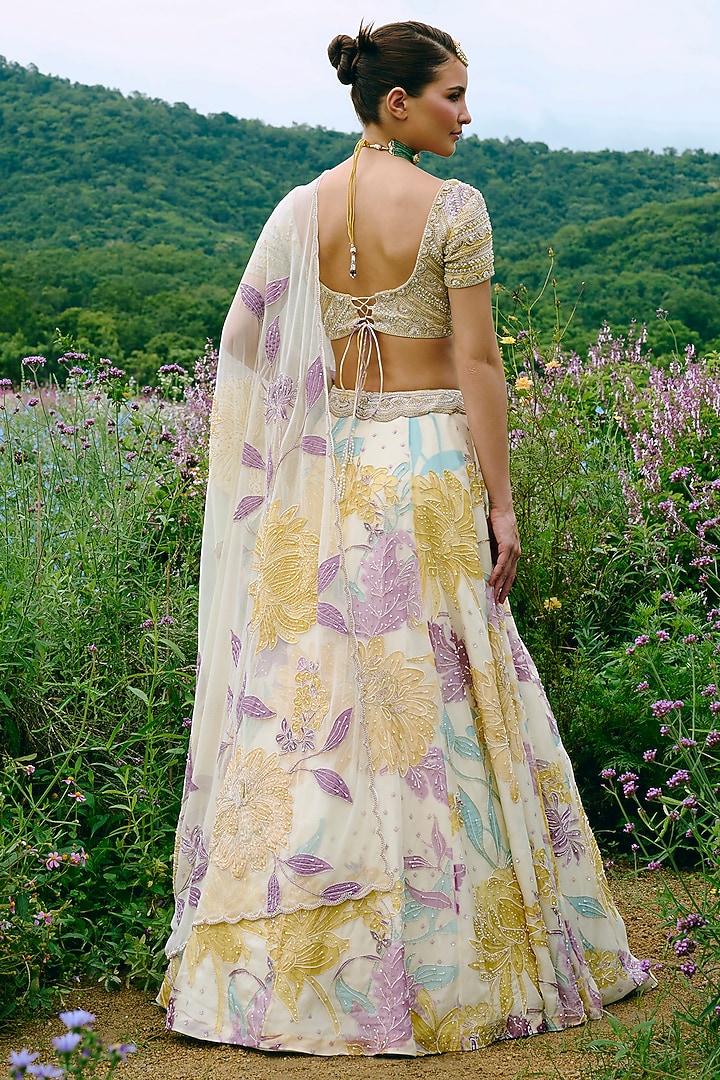 Ivory Organza Floral Printed & Embroidered Wedding Lehenga Set by Charu & Vasundhara at Pernia's Pop Up Shop