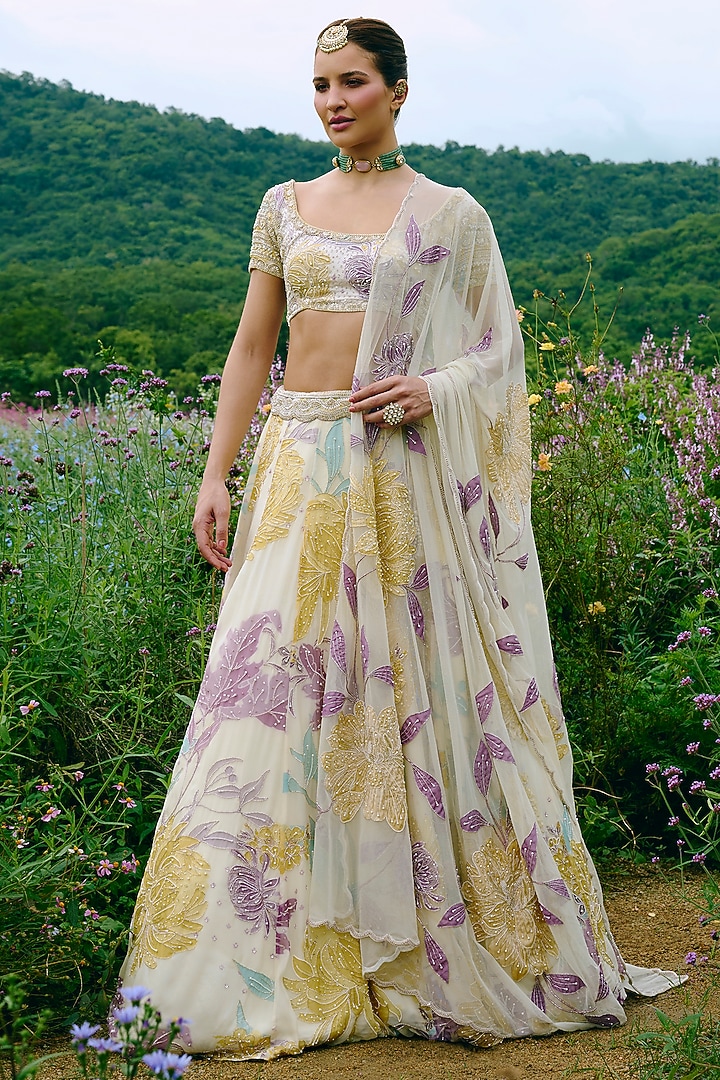Ivory Organza Floral Printed & Embroidered Wedding Lehenga Set by Charu & Vasundhara at Pernia's Pop Up Shop