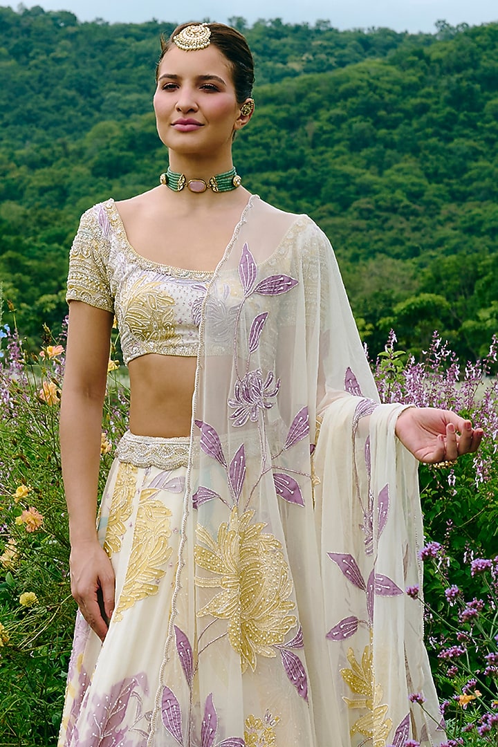 Ivory Organza Floral Printed & Embroidered Wedding Lehenga Set by Charu & Vasundhara at Pernia's Pop Up Shop