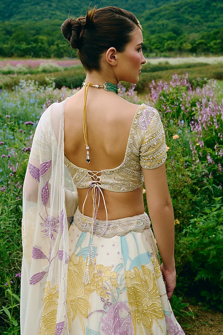 Ivory Organza Floral Printed & Embroidered Wedding Lehenga Set by Charu & Vasundhara at Pernia's Pop Up Shop