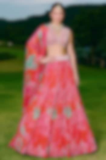 Orange Organza Floral Printed & Embroidered Wedding Lehenga Set by Charu & Vasundhara at Pernia's Pop Up Shop