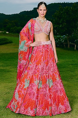 Orange Organza Floral Printed & Embroidered Lehenga Set by Charu & Vasundhara
