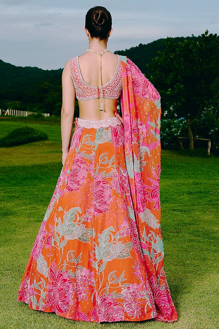 Orange Organza Floral Printed & Embroidered Wedding Lehenga Set by Charu & Vasundhara at Pernia's Pop Up Shop