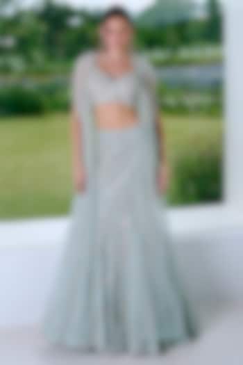 Aqua Blue Net & Taffeta Mirror Work Jacket Bridal Lehenga Set by Charu & Vasundhara at Pernia's Pop Up Shop