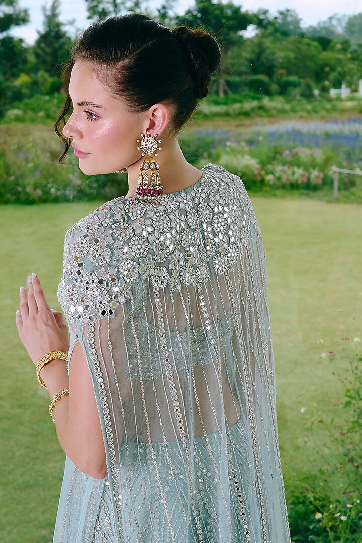 Aqua Blue Net & Taffeta Mirror Work Jacket Bridal Lehenga Set by Charu & Vasundhara at Pernia's Pop Up Shop