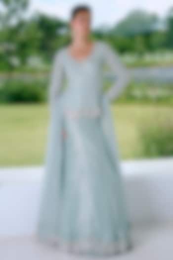 Aqua Blue Organza & Tissue Mirror Work Wedding Lehenga Set by Charu & Vasundhara at Pernia's Pop Up Shop