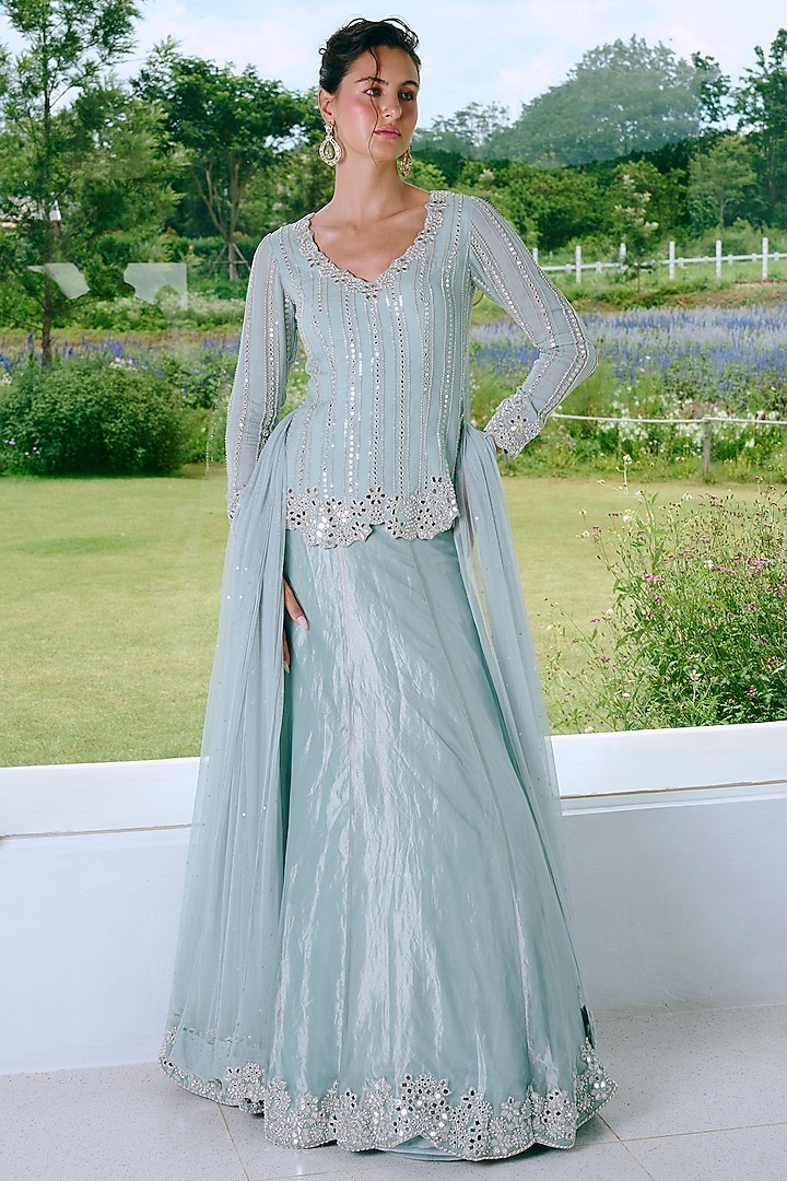 Aqua Blue Organza & Tissue Mirror Work Wedding Lehenga Set by Charu & Vasundhara at Pernia's Pop Up Shop