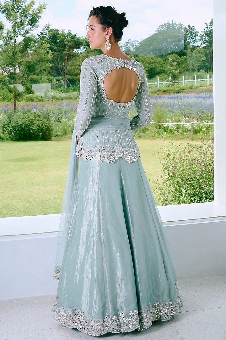 Aqua Blue Organza & Tissue Mirror Work Wedding Lehenga Set by Charu & Vasundhara at Pernia's Pop Up Shop