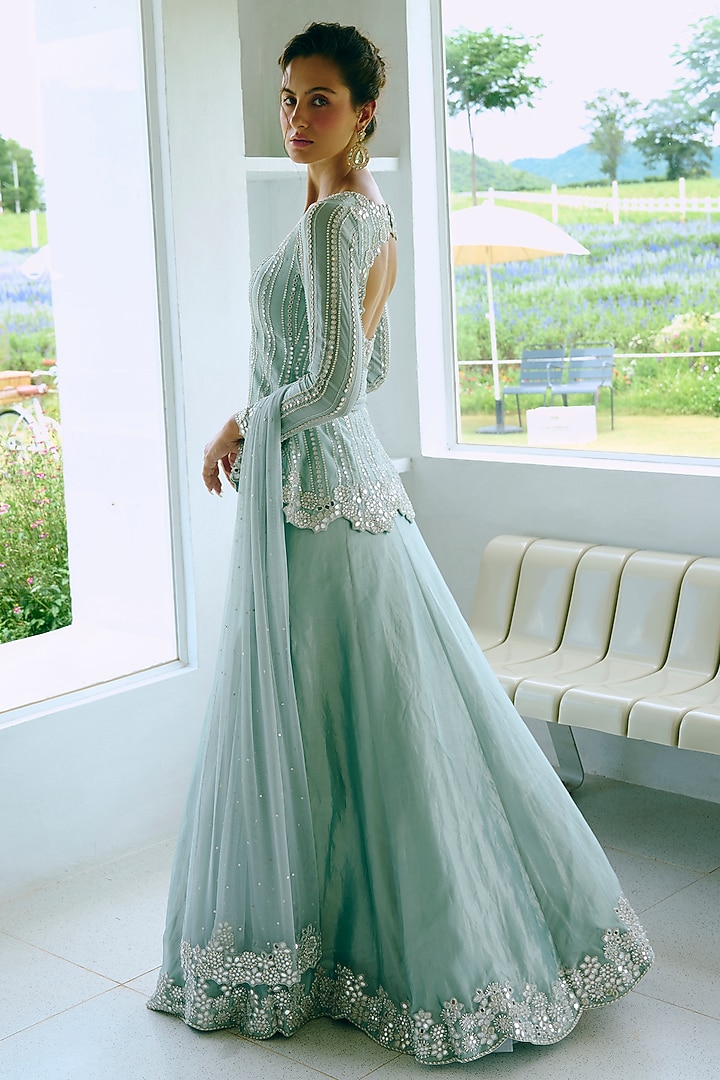 Aqua Blue Organza & Tissue Mirror Work Wedding Lehenga Set by Charu & Vasundhara at Pernia's Pop Up Shop