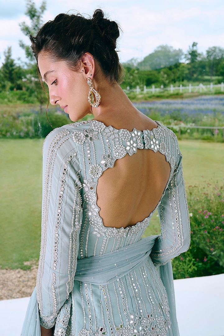 Aqua Blue Organza & Tissue Mirror Work Wedding Lehenga Set by Charu & Vasundhara at Pernia's Pop Up Shop