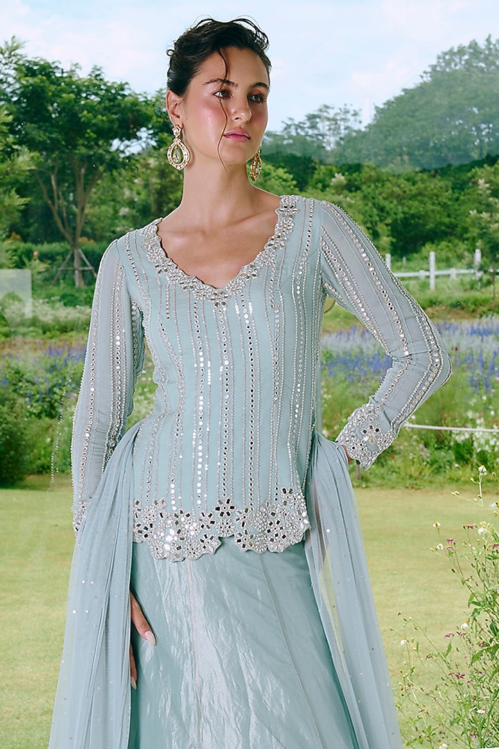 Aqua Blue Organza & Tissue Mirror Work Wedding Lehenga Set by Charu & Vasundhara at Pernia's Pop Up Shop