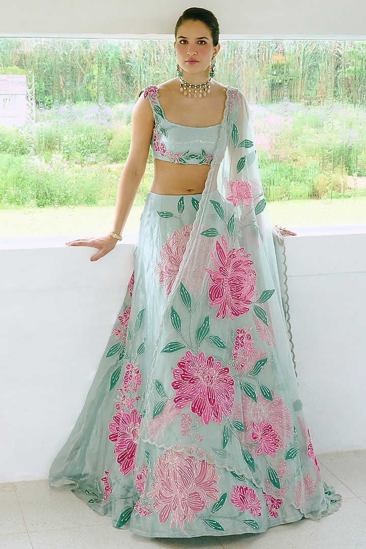 Aqua Blue Silk & Tissue Mirror Work Wedding Lehenga Set by Charu & Vasundhara at Pernia's Pop Up Shop