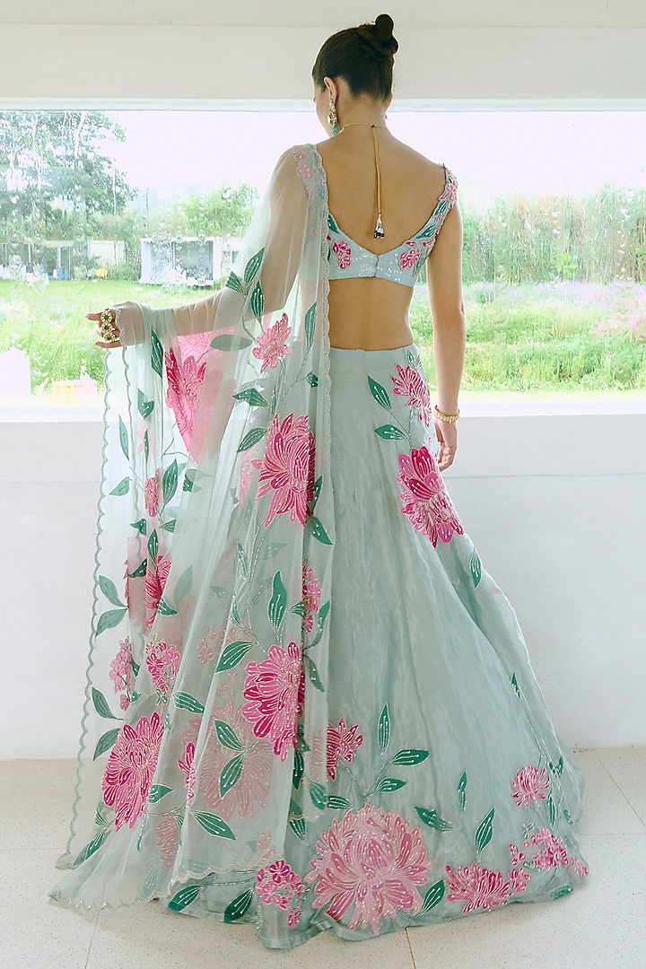 Aqua Blue Silk & Tissue Mirror Work Wedding Lehenga Set by Charu & Vasundhara at Pernia's Pop Up Shop
