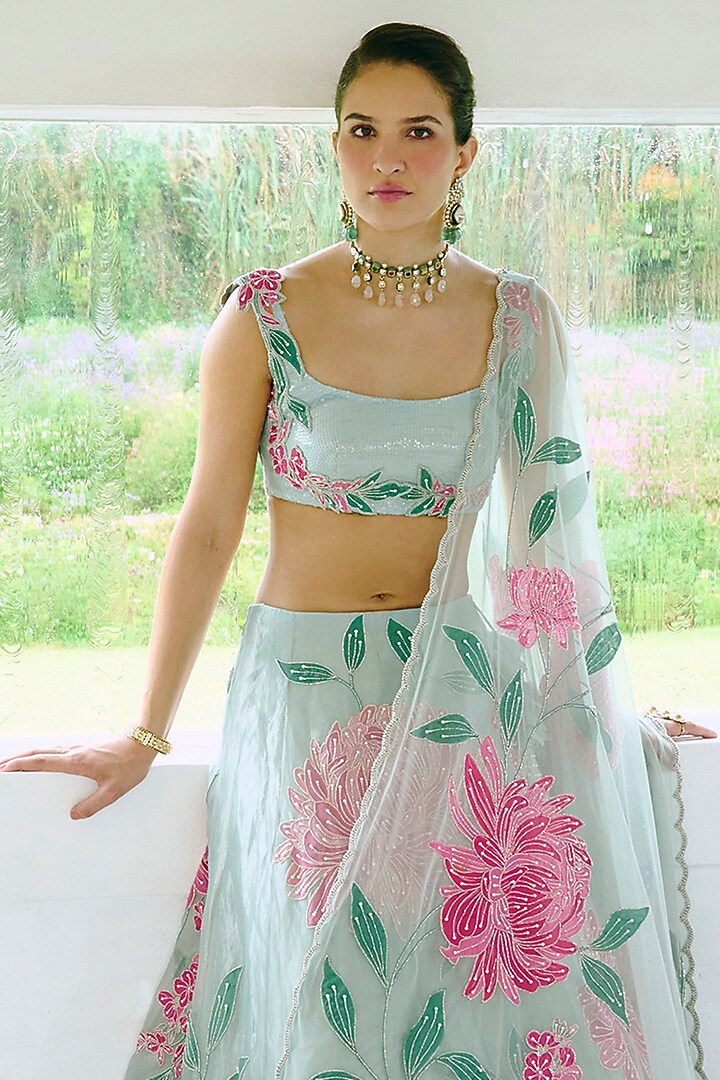 Aqua Blue Silk & Tissue Mirror Work Wedding Lehenga Set by Charu & Vasundhara at Pernia's Pop Up Shop