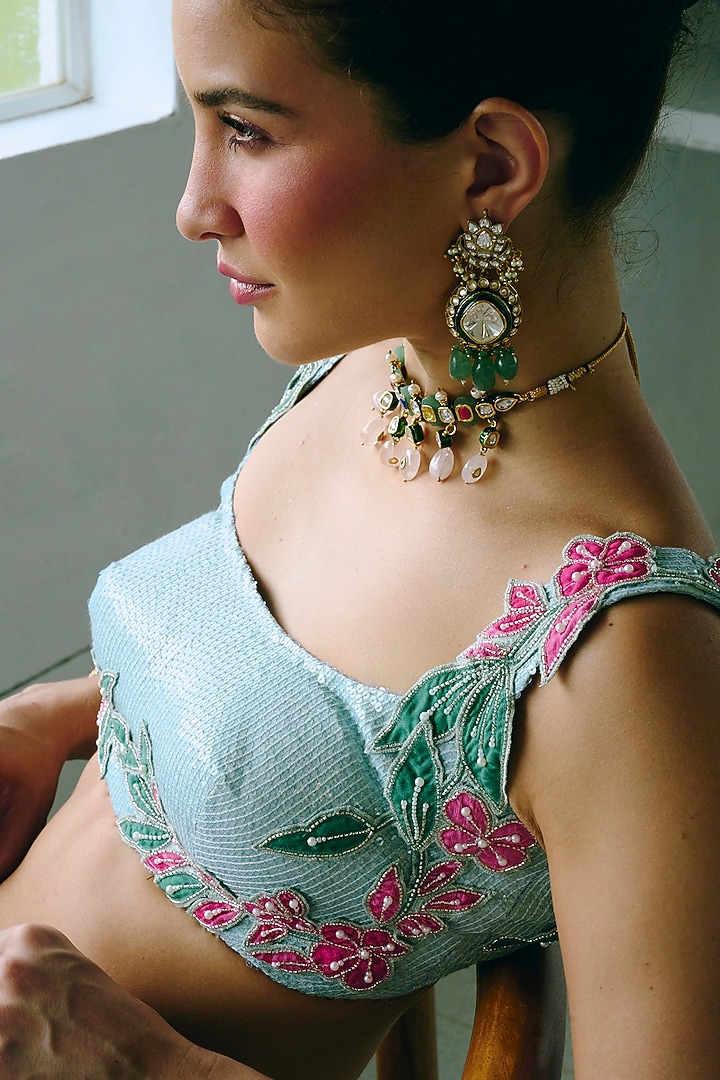 Aqua Blue Silk & Tissue Mirror Work Wedding Lehenga Set by Charu & Vasundhara at Pernia's Pop Up Shop