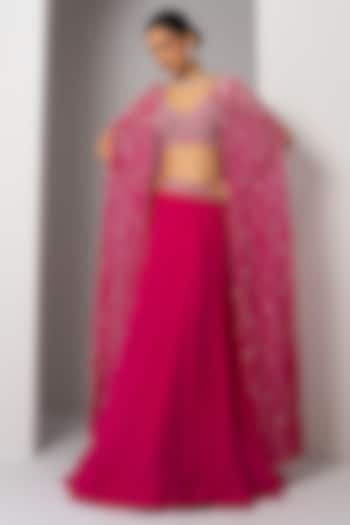 Fuchsia Pink Organza Mother Of Pearl Embellished Cape Set by Charu & Vasundhara at Pernia's Pop Up Shop