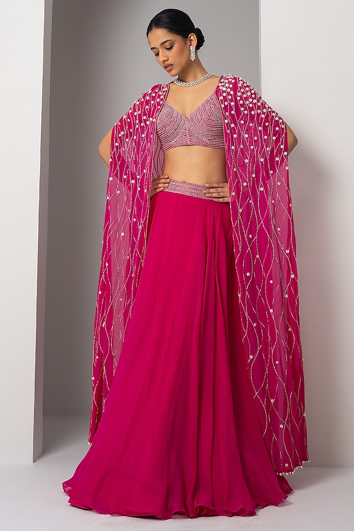 Fuchsia Pink Organza Mother Of Pearl Embellished Cape Set by Charu & Vasundhara at Pernia's Pop Up Shop