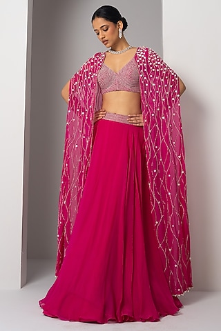 Fuchsia Pink Organza Mother Of Pearl Embellished Cape Set by Charu & Vasundhara