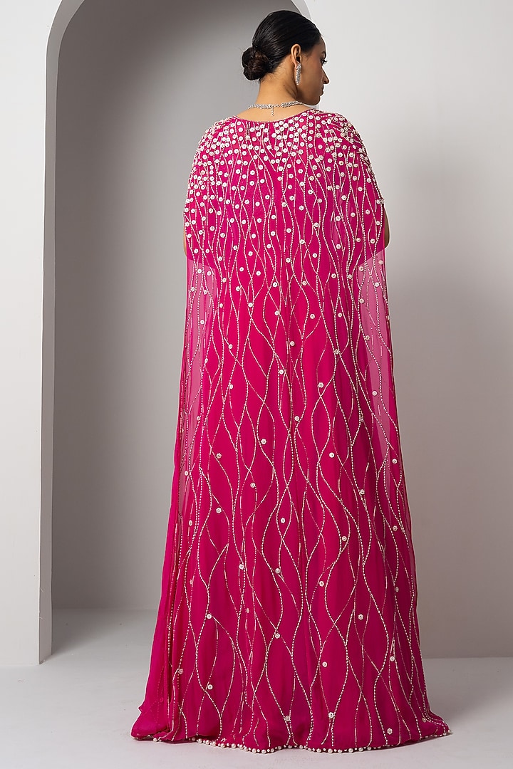 Fuchsia Pink Organza Mother Of Pearl Embellished Cape Set by Charu & Vasundhara at Pernia's Pop Up Shop