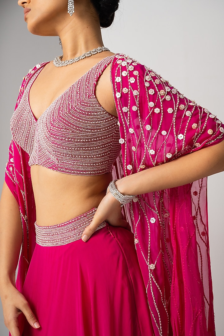 Fuchsia Pink Organza Mother Of Pearl Embellished Cape Set by Charu & Vasundhara at Pernia's Pop Up Shop