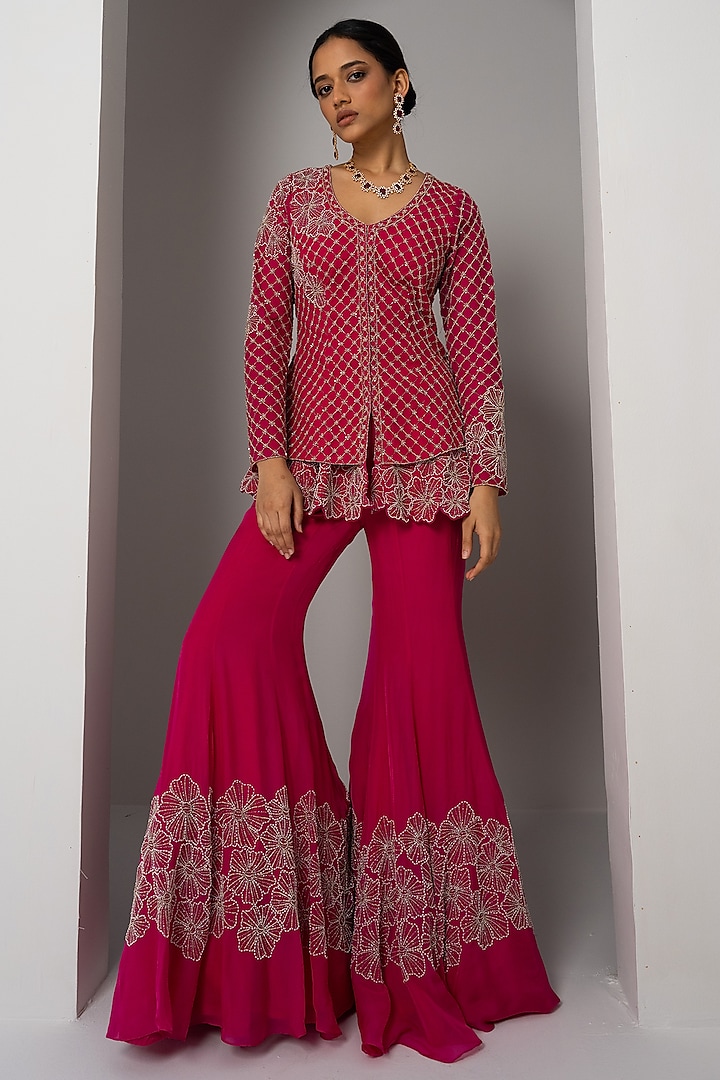 Fuchsia Pink Net Hand Embroidered Peplum Jacket Set by Charu & Vasundhara at Pernia's Pop Up Shop