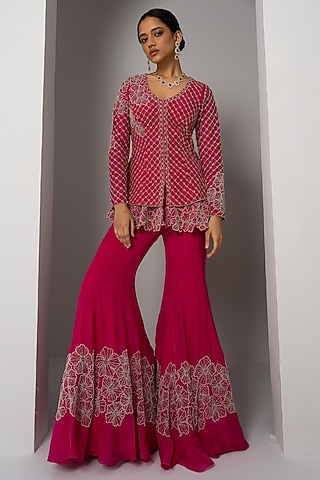 Fuchsia Pink Net Hand Embroidered Peplum Jacket Set by Charu & Vasundhara