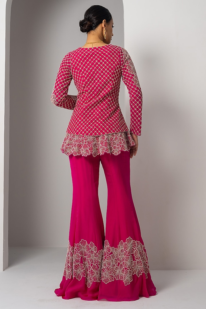 Fuchsia Pink Net Hand Embroidered Peplum Jacket Set by Charu & Vasundhara at Pernia's Pop Up Shop