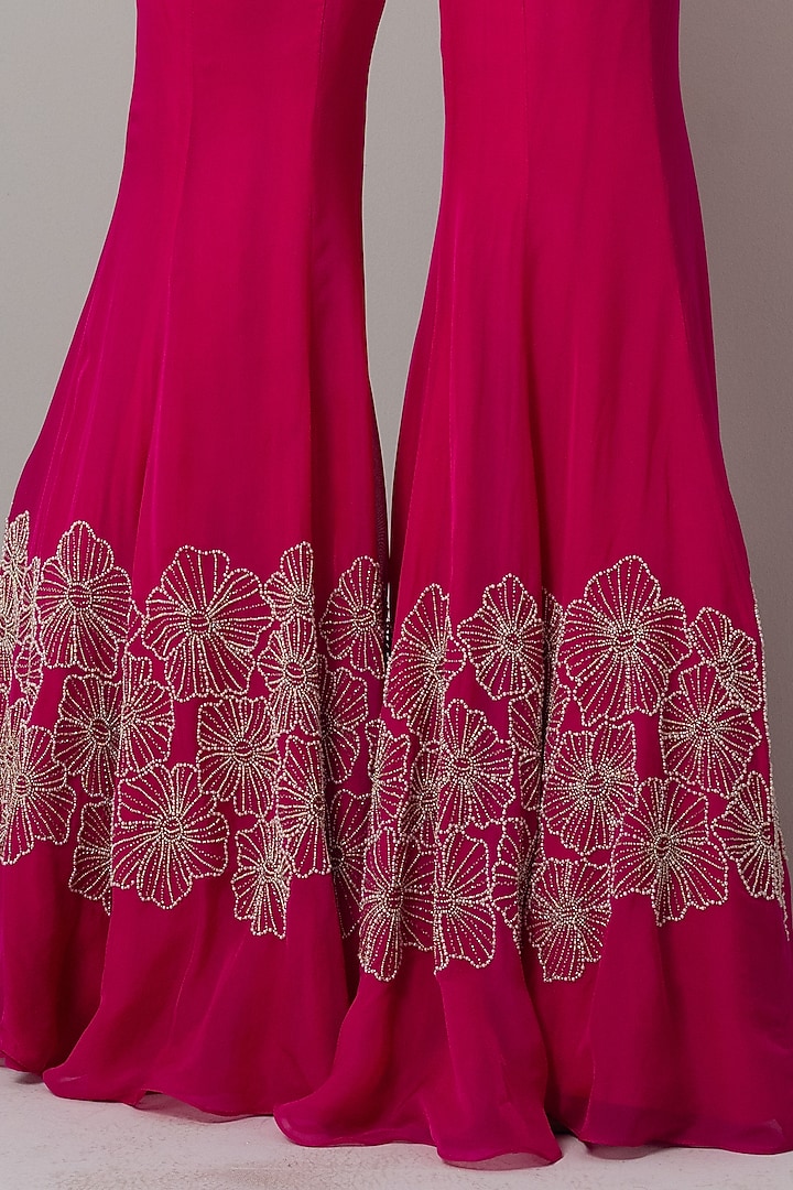 Fuchsia Pink Net Hand Embroidered Peplum Jacket Set by Charu & Vasundhara at Pernia's Pop Up Shop