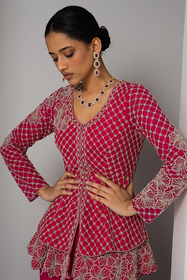 Fuchsia Pink Net Hand Embroidered Peplum Jacket Set by Charu & Vasundhara at Pernia's Pop Up Shop