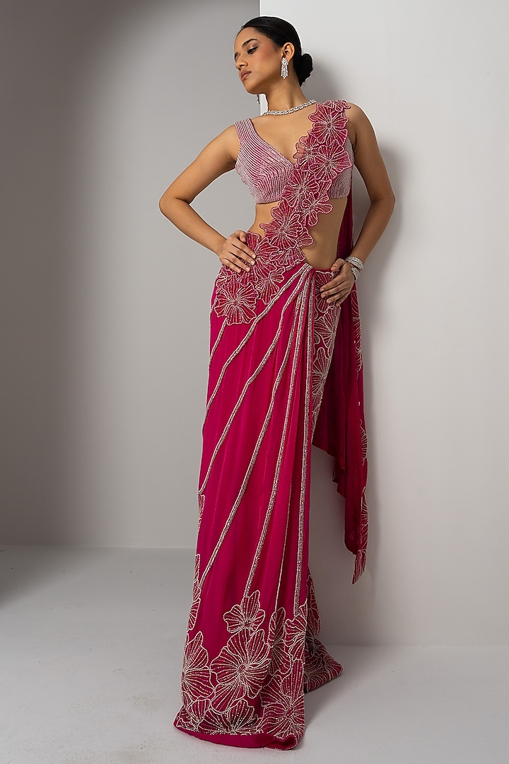 Fuchsia Pink Organza Hand Embroidered Saree Set by Charu & Vasundhara