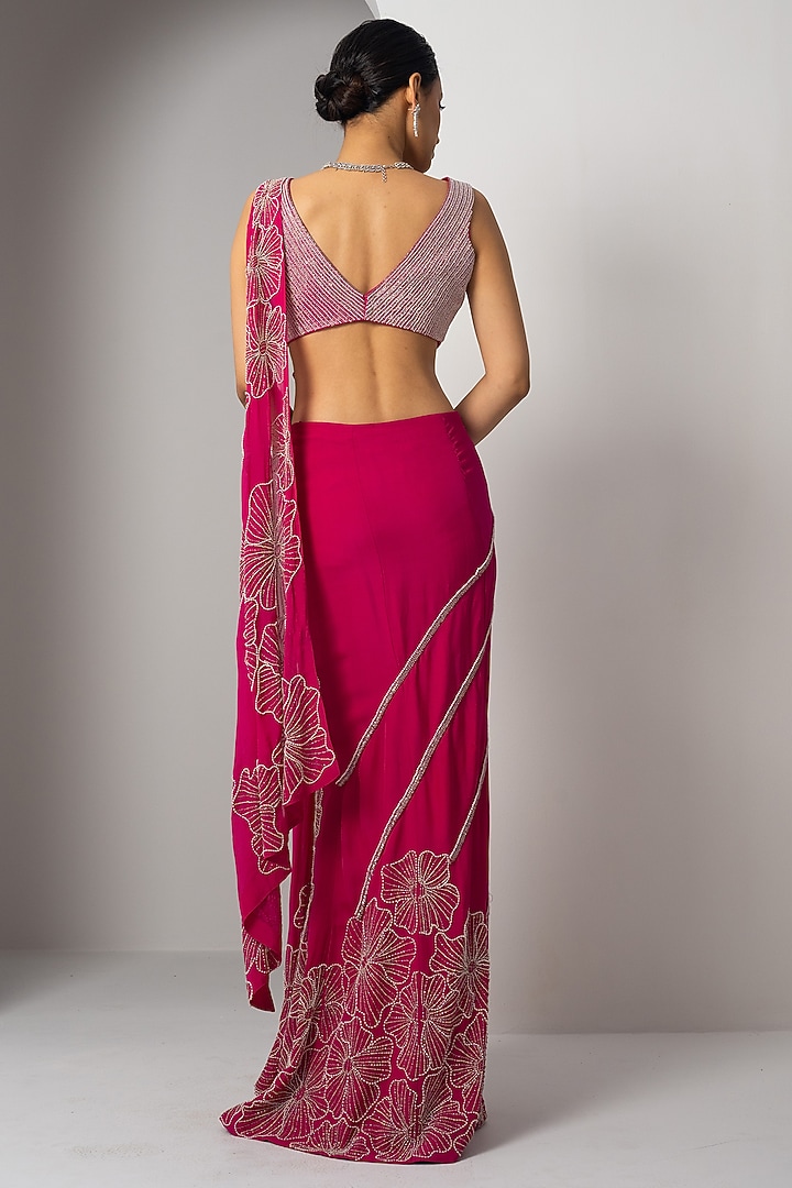 Fuchsia Pink Organza Hand Embroidered Wedding Saree Set by Charu & Vasundhara at Pernia's Pop Up Shop