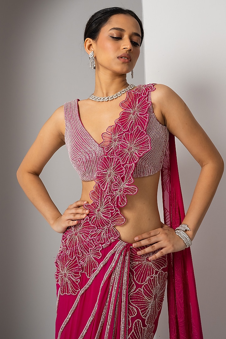 Fuchsia Pink Organza Hand Embroidered Wedding Saree Set by Charu & Vasundhara at Pernia's Pop Up Shop