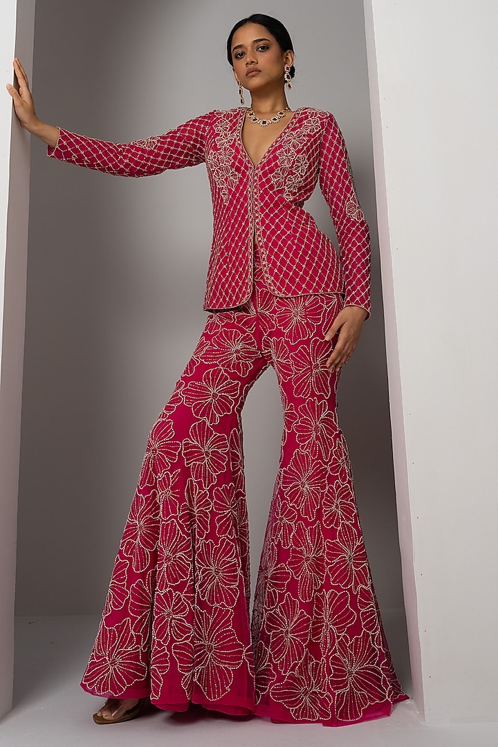 Fuchsia Pink Net Floral Embroidered Sharara Set by Charu & Vasundhara at Pernia's Pop Up Shop