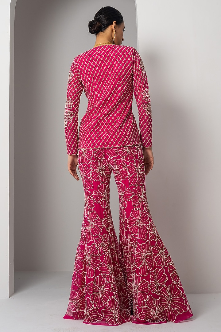 Fuchsia Pink Net Floral Embroidered Bridal Sharara Set by Charu & Vasundhara at Pernia's Pop Up Shop