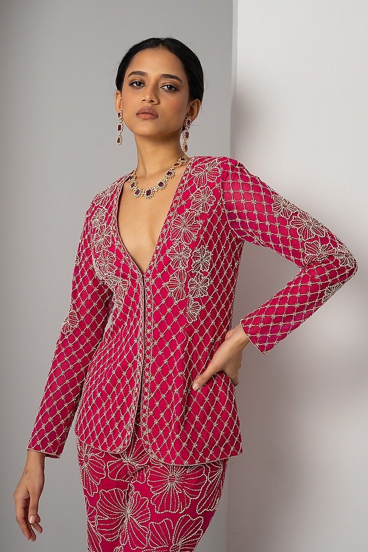 Fuchsia Pink Net Floral Embroidered Bridal Sharara Set by Charu & Vasundhara at Pernia's Pop Up Shop