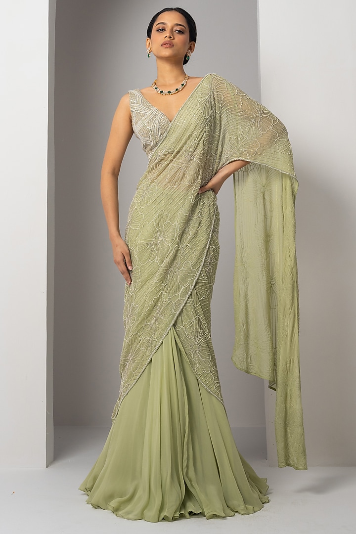 Mint Green Organza Floral Hand Embroidered Lehenga Saree Set by Charu & Vasundhara