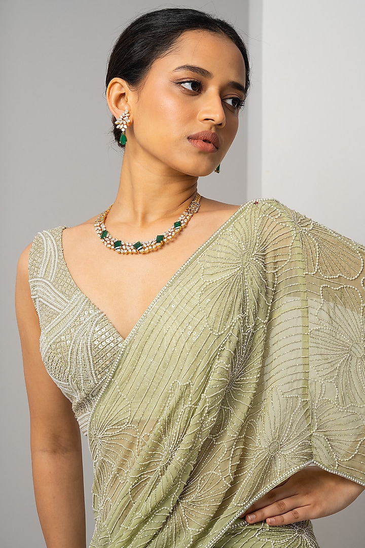 Mint Green Organza Floral Hand Embroidered Wedding Lehenga Saree Set by Charu & Vasundhara at Pernia's Pop Up Shop
