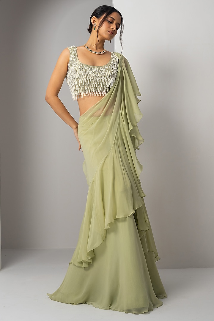 Mint Green Organza & Chiffon Ruffled Saree Set by Charu & Vasundhara