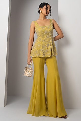 Buttercup Yellow Organza Floral Hand Embroidered Peplum Kurta Set by Charu & Vasundhara